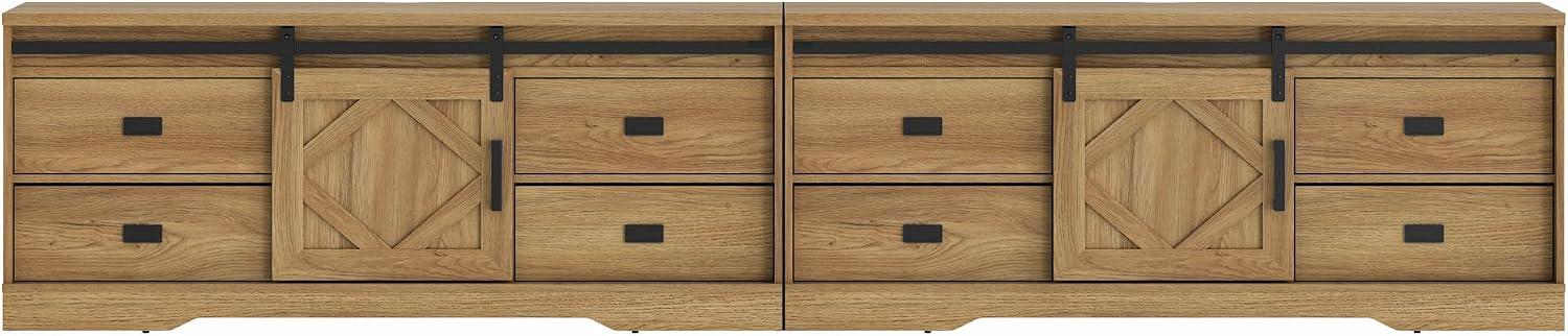 WAMPAT 118' Wide Modern Farmhouse 2 in 1 TV Stand for up to 130' TVs,Faux Bark Finish Wood Entertainment Center with 8 Drawers and Sliding Barn Doors for Living Room,Vintage Oak