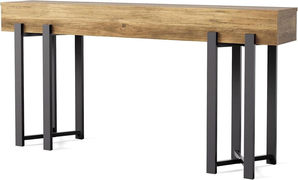 LITTLE TREE 63-Inch Console Table for Entryway, Industrial Behind Couch Table, Minimalist Sofa Table for Living Room, Rustic Brown Wooden Hallway Foyer Table with Black Metal Frame
