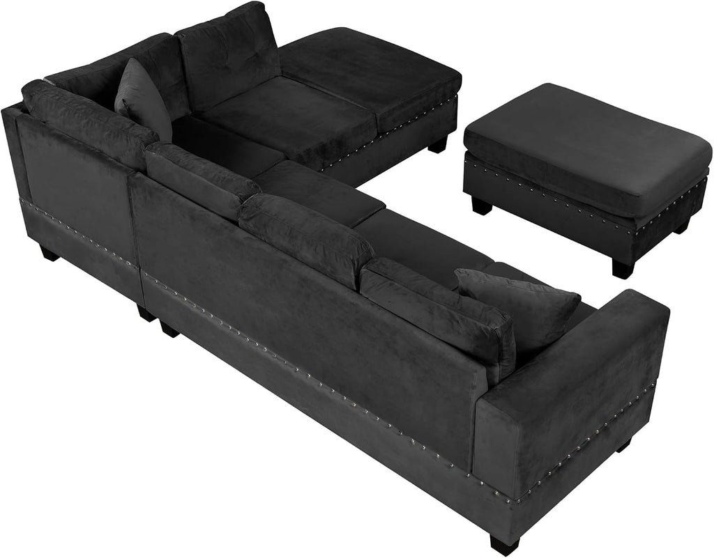 Merax Modern Sectional Sofa with Storage Ottoman, L Shaped Couch with 2 Pillows and 2 Cup Holders, Polyester Sectional Sofa with Reversible Chaise for Living Room, Home Office (Black)