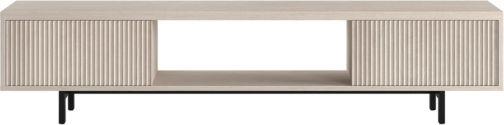 Henn&Hart Fluted TV Stand for TVs up to 78' with 2 Ribbed Side Storage Cabinets and Open Center Storage for Living Room, Family Room, or Office, Beech White