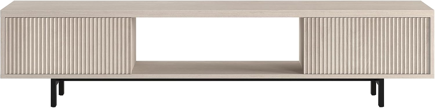Henn&Hart Fluted TV Stand for TVs up to 78' with 2 Ribbed Side Storage Cabinets and Open Center Storage for Living Room, Family Room, or Office, Beech White