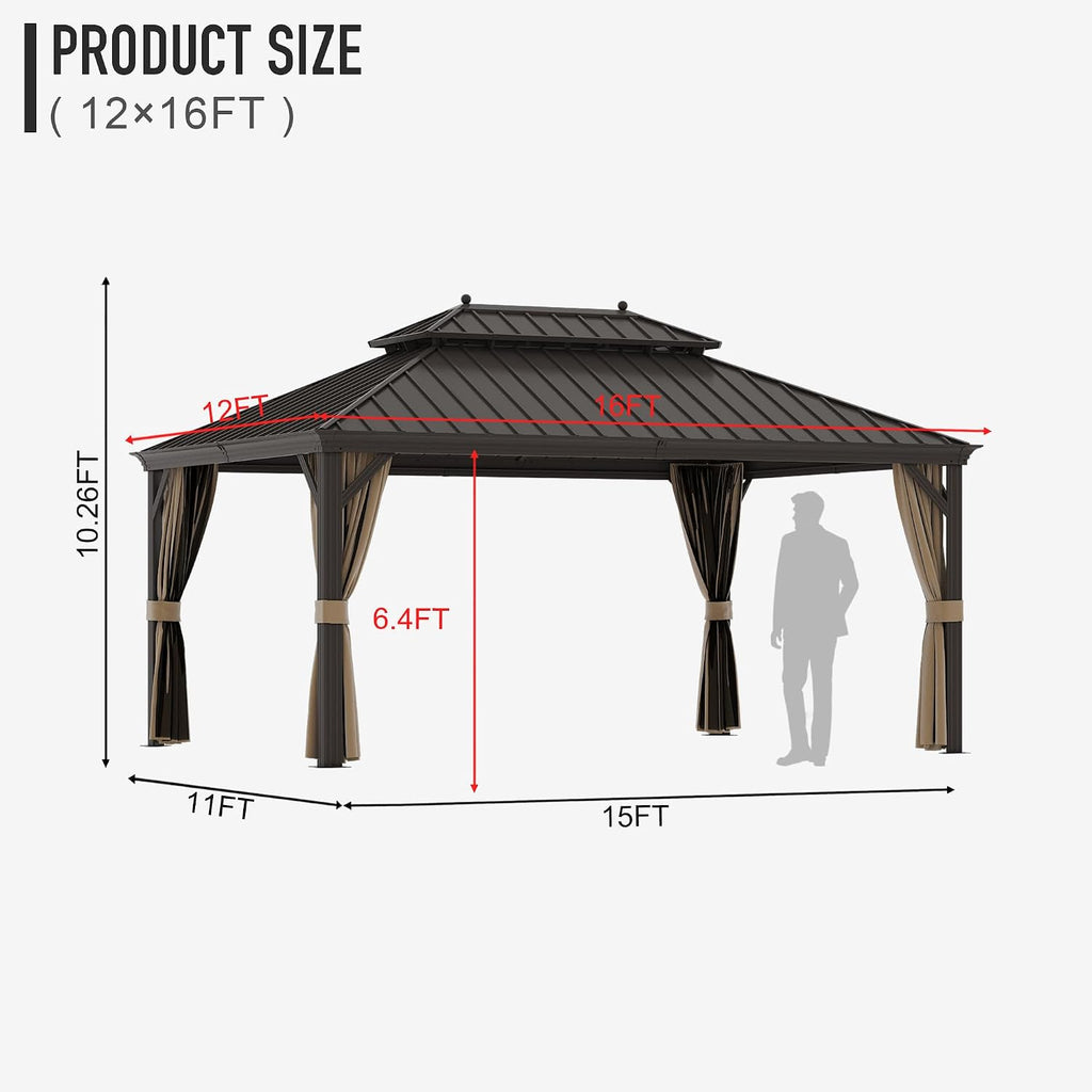 12'x16' Hardtop Gazebo Outdoor Aluminum Patio Double Roof Galvanized Steel Canopy with Netting and Curtains for Garden, Backyard, Deck and Lawns.