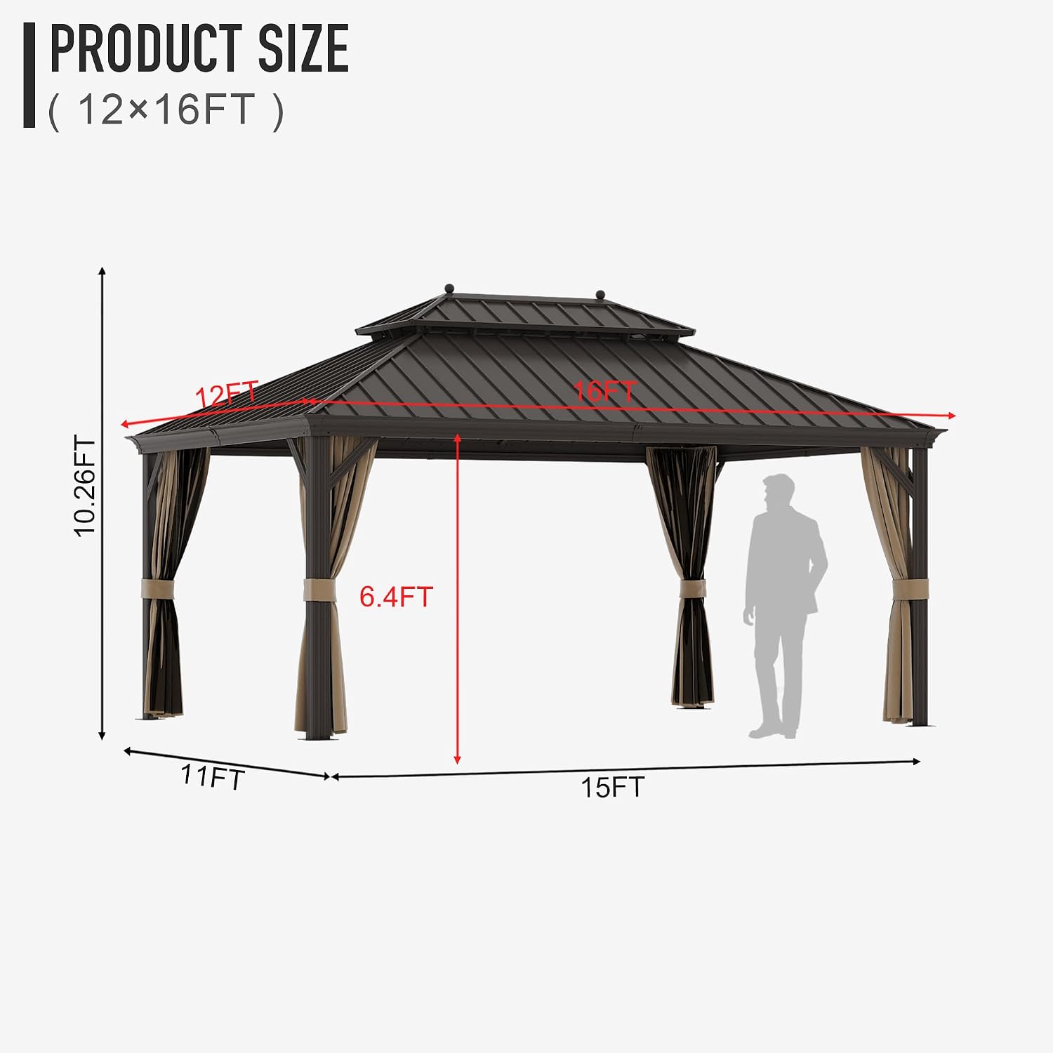 12'x16' Hardtop Gazebo Outdoor Aluminum Patio Double Roof Galvanized Steel Canopy with Netting and Curtains for Garden, Backyard, Deck and Lawns.