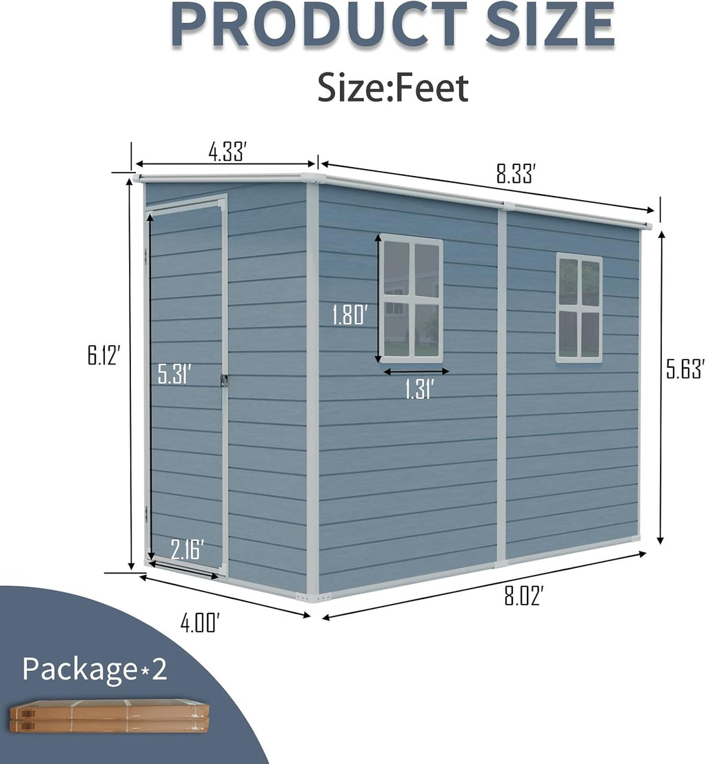 Storage Shed, 4x8ft Outdoor Storage Shed with Floor Included with 2 Windows and Lockable Door, Resin Sheds for House Garden Tools, Bike, Motorcycle, Lawn Mover, Lean to Shed, Grey