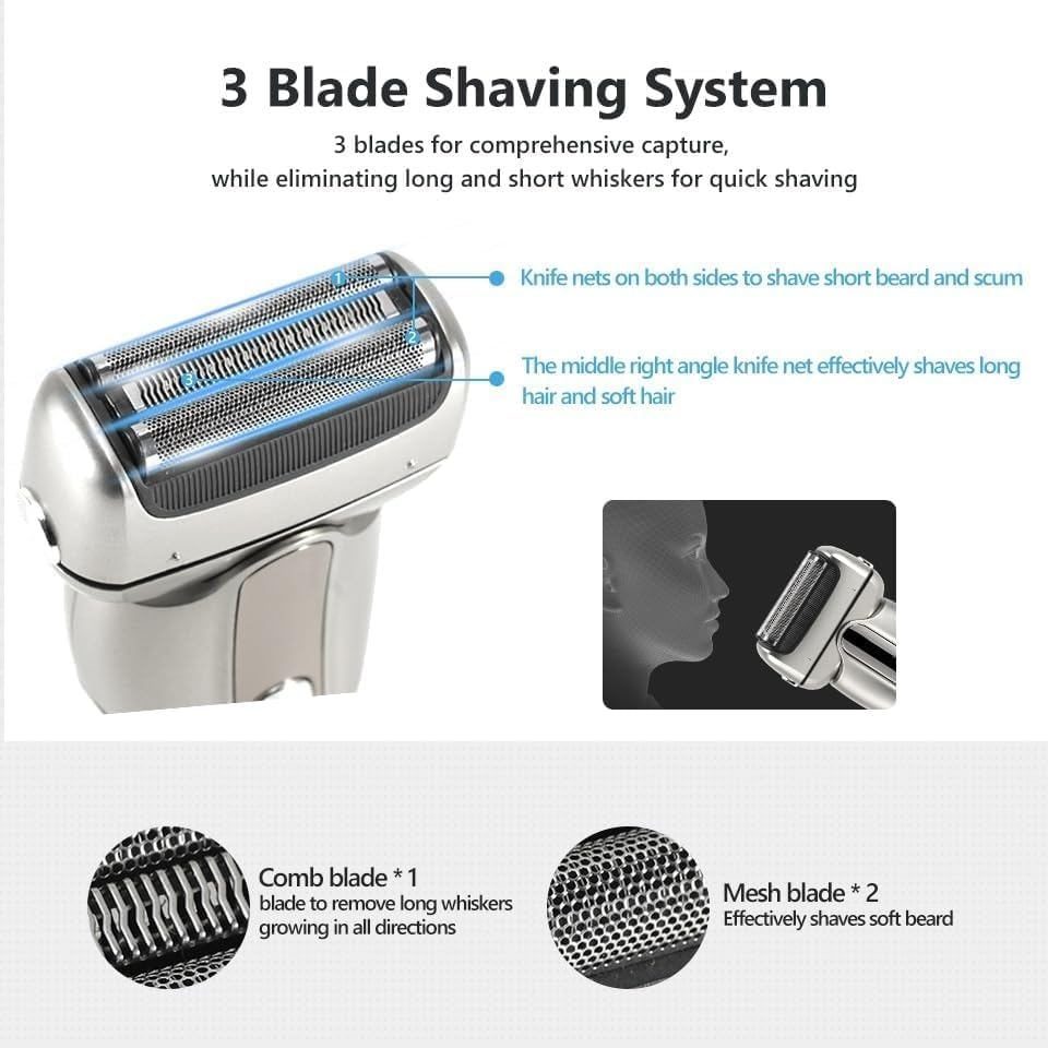 Electric Shavers for Bald Men, Reciprocating Electric Shaver 3 Blade Shaving System USB Rechargeable Shaving Machine for Men (Color : Silver)