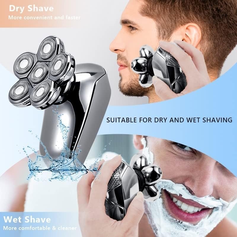 Electric Shavers for Bald Men, 6in1 Electric Razor Electric Shaver USB Rechargeable Shaving Machine for Men Beard Razor Wet-Dry Dual Use Water Proof Fast Charging