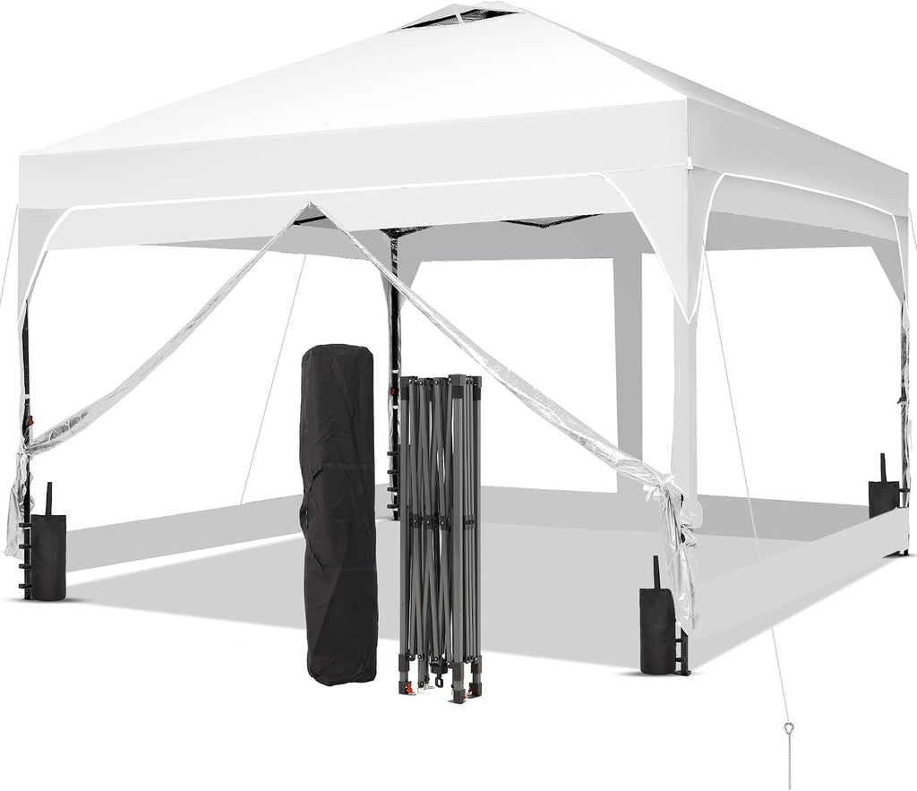 GDY 8x8 FT Pop Up Canopy Tent with One Push Setup,Setup Gazebo with 4 PVC Transparent Sidewalls,Easy Carry for Events, Parties, Camping, White