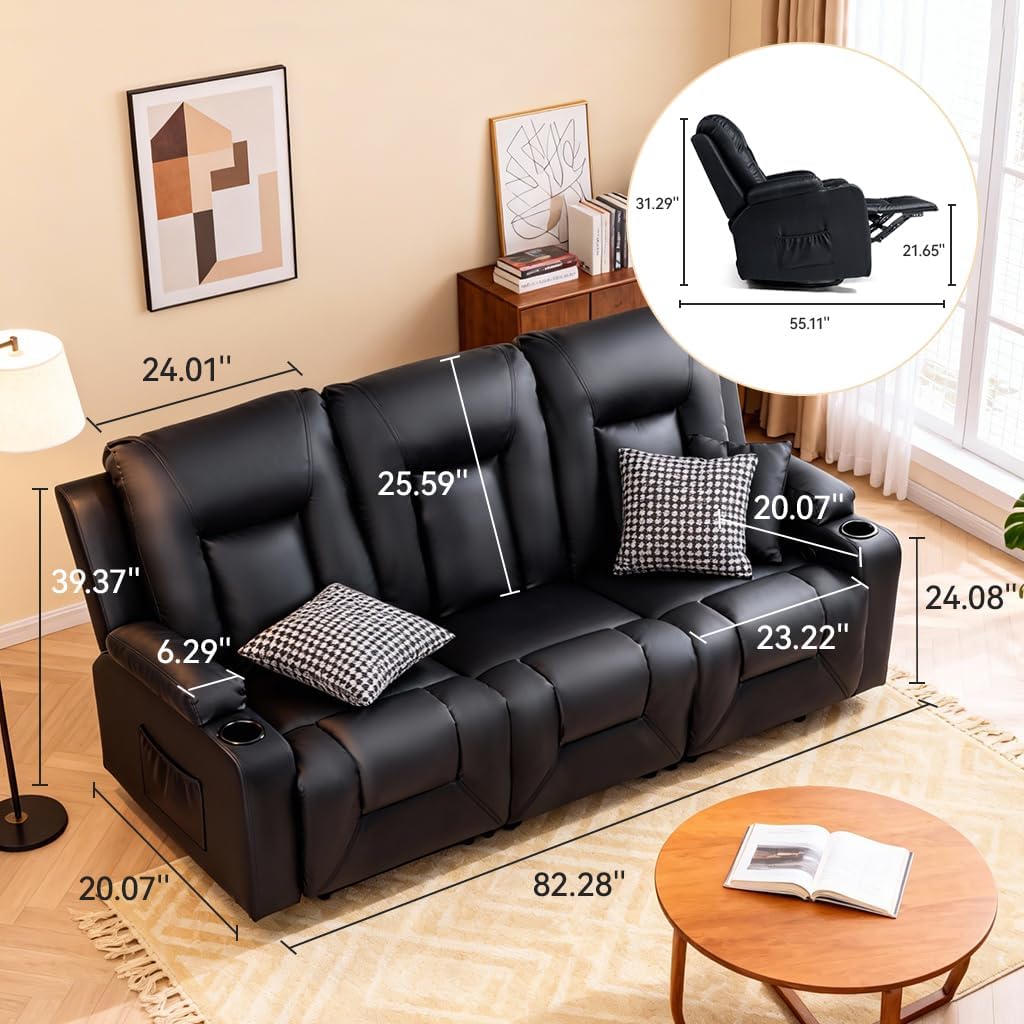 COMHOMA Living Room Furniture Set,Faux Leather Manual Recliner Sofa Sets with Cup Holders,Reclining Couch,Loveseat and Armchair,3+1+1,Black