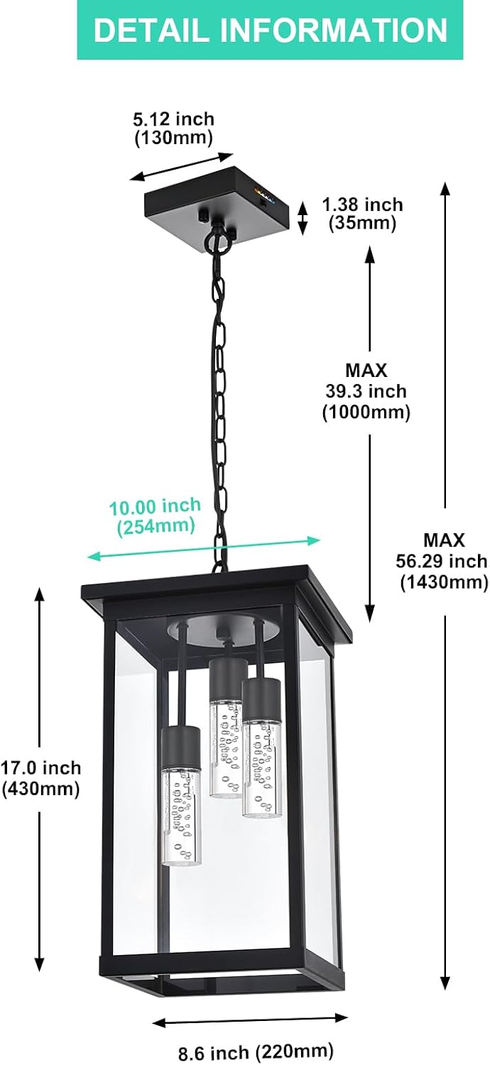 Yaohong 17' Large 5CCT LED Outdoor Pendant Light, 3-Lights Modern Black Hanging Ceiling Fixture with Acrylic Column & Clear Glass, Weatherproof Chandelier for Porch Gazebo Patio Entryway
