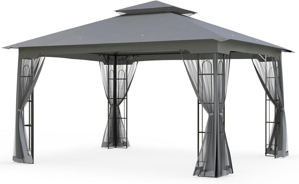 EAGLE PEAK Patio Gazebo with Mesh Netting 13x11 at Top 12x10 Footprint, Soft Top Outdoor Pavilion for Backyard, Deck, Lawn and Garden, Gray