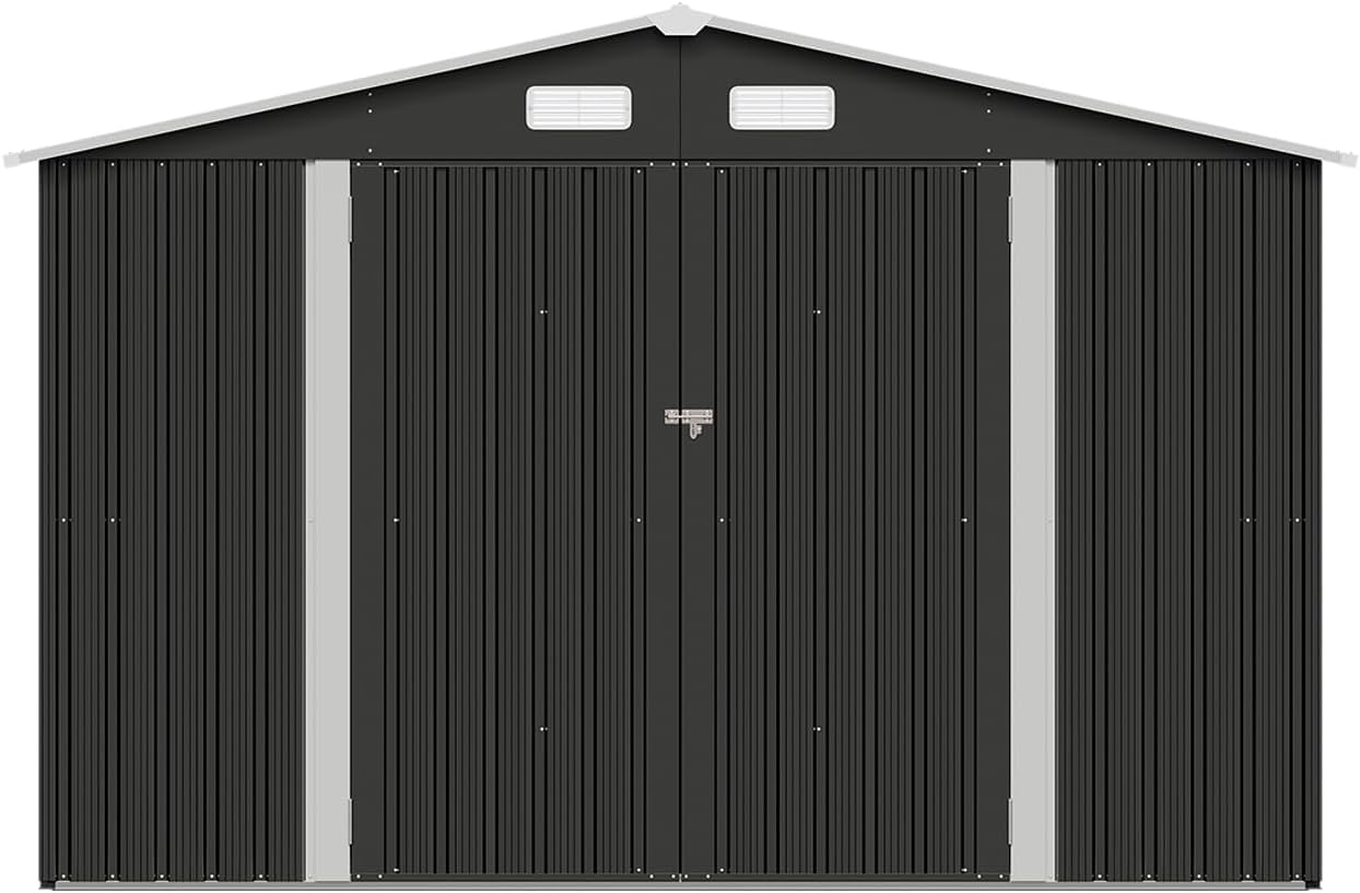 9.1' x 7.4' Outdoor Metal Storage Shed with Lockable Doors, Steel Utility Shed for Garden, Patio, Backyard & Lawn, Durable Black Design