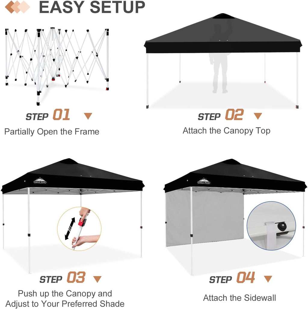 EAGLE PEAK Commercial Canopy 12x12 Pop Up Canopy Tent with 1 Sidewall, Easy Setup Heavy Duty Instant Event Shelter for Vendors & Markets, Outdoor Sun Shade, Black