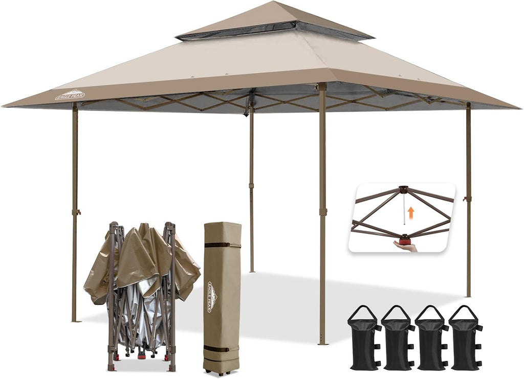 EAGLE PEAK 13x13 Straight Leg Pop Up Canopy Tent Instant Outdoor Canopy Easy Single Person Set up Folding Shelter w/Auto Extending Eaves 169 Square Feet of Shade (Beige)