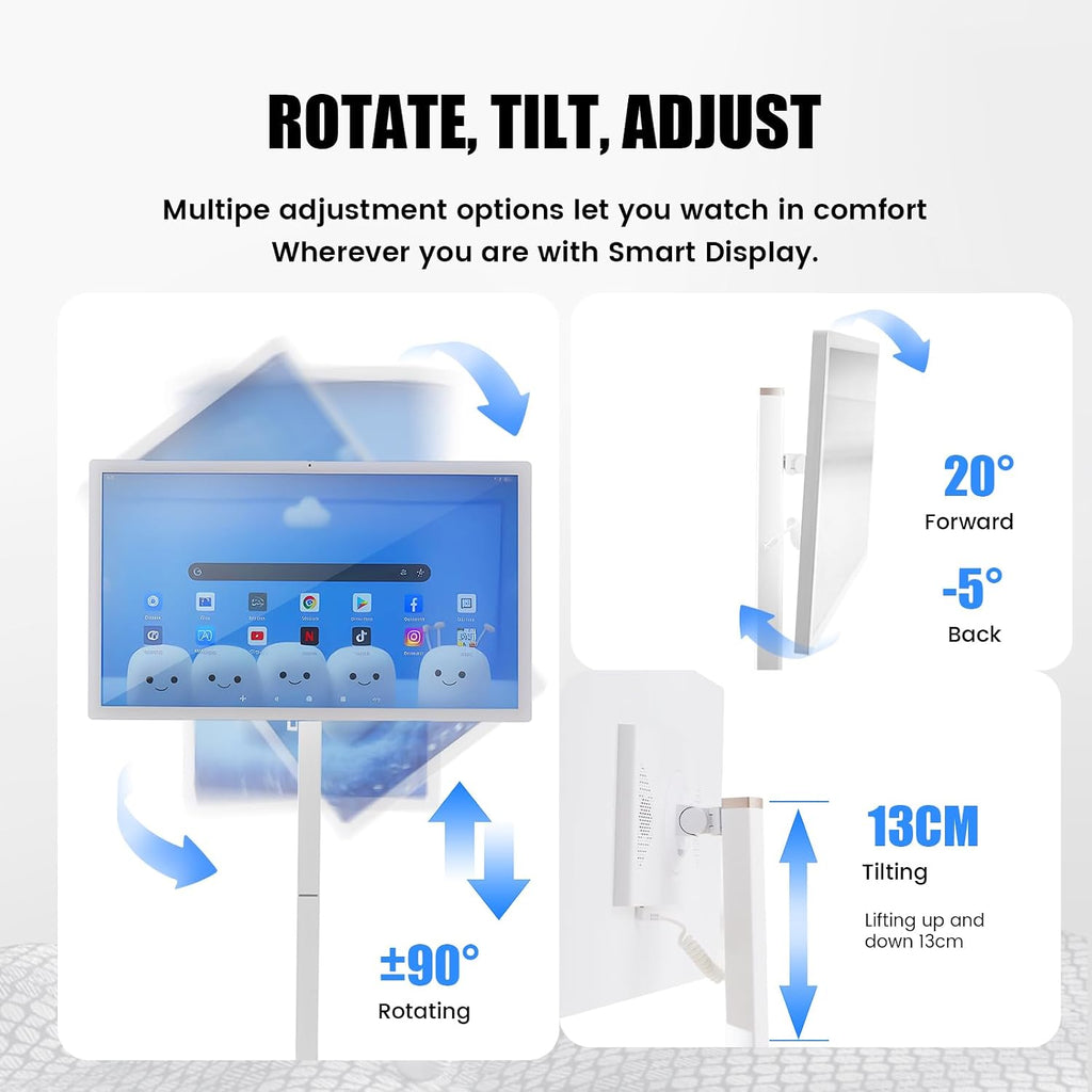 32 Inch Smart Portable TV on Wheels,FHD Touch-Screen-Monitor,Wireless RollableTV, 8G RAM,128G Storage,Built-in 6-8H Battery,Android 14,Full Swivel Rotation,Remote Control (White)