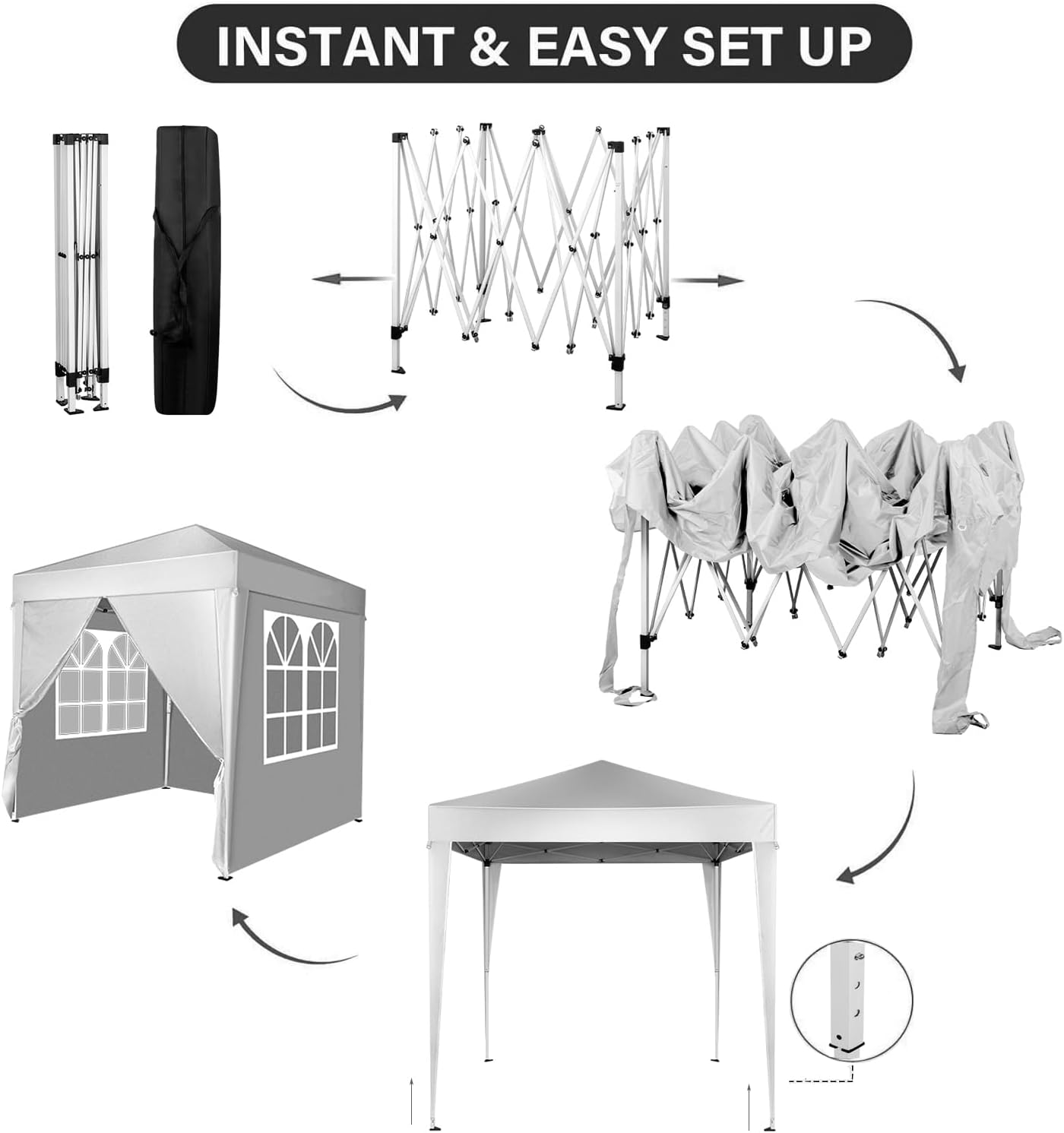 6.5x6.5 Pop Up Canopy Tent with Sidewalls, 3 Height Adjustable Beach Tent with Carrying Bag, 8 Stakes & 4 Ropes, Easy Set Up Gazebo for Events, Party, Wedding (6.5x6.5FT White with 4Sidewalls)