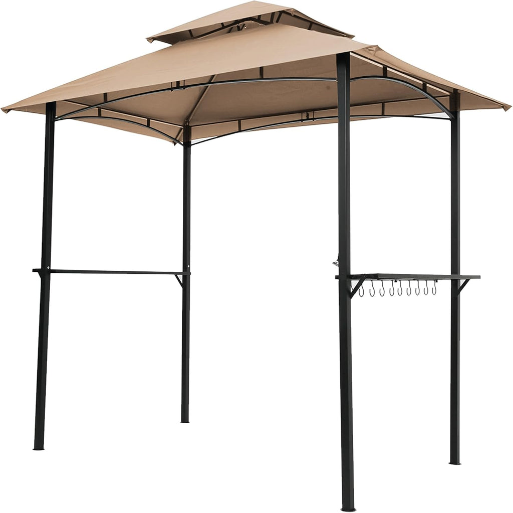 Outdoor Grill Gazebo 8x5 FT with Double Tier Canopy Steel Frame BBQ Shelter Tent for Patio Backyard Camping Includes Hooks Bar Counters & Windproof Design (Khaki)