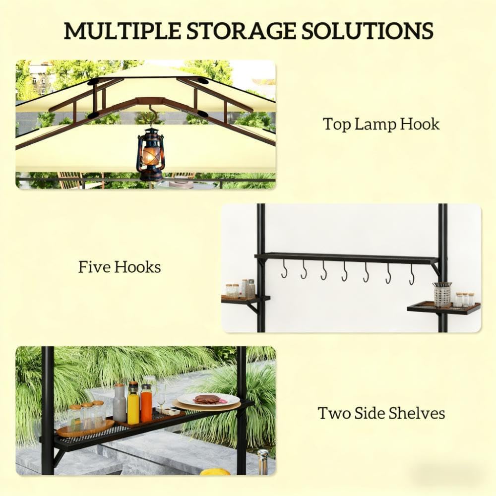 GOWE Convenient Barbecue Gazebo Shelter,Outdoor Grill Gazebo,with Side Awning,Side Shelves and Hooks