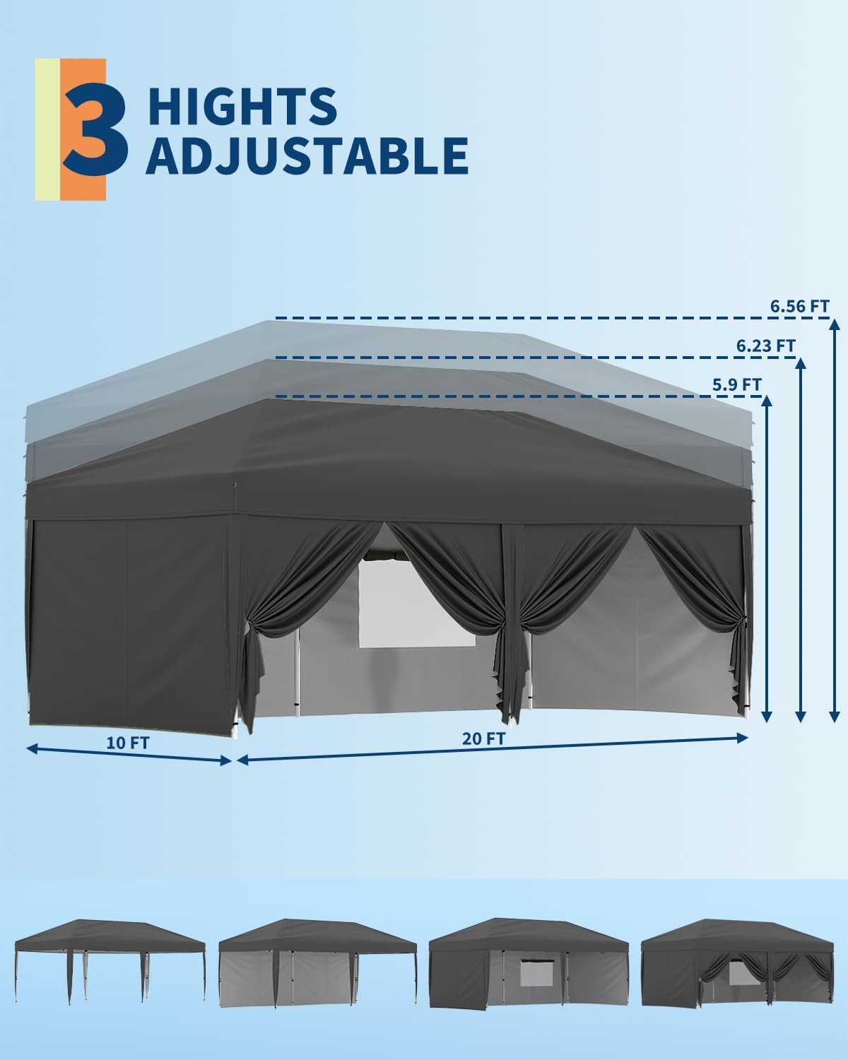 10x20 Pop Up Canopy Tent with 6 Sidewall - One-Button Instant Setup, Heavy-Duty 210D Oxford Fabric & Rust-Proof Frame - 3 Adjustable Heights, Roller Bag, 6 Sandbags - UV Protection for Beach, Party