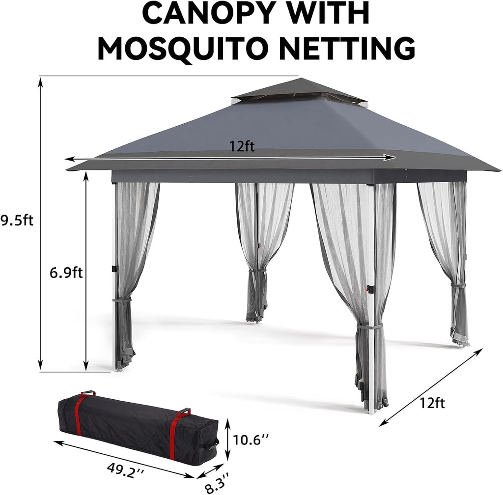 GarveeLife 12 ft x12 ft Gazebo Outdoor Pop up Canopy Tent with Curtains and 144 Square Shelter for Patio,Backyard Party, with Mosquito Netting, 2-Tiered Vented Top (Gray)