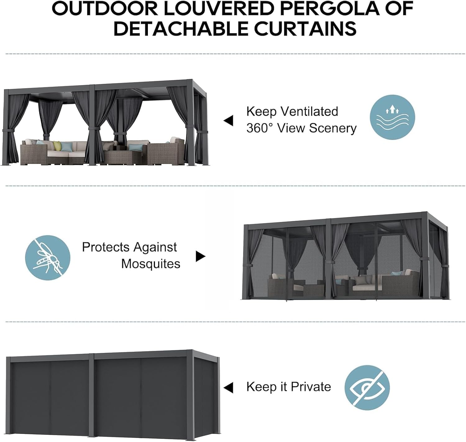 Outdoor Louvered Pergola 10' x 20', Aluminum Outdoor Louvered Pergola with Adjustable Roof, Adjustable Louvered Pergolas for Outdoor Deck, Patio, Lawn & Garden (10x20 Black with Curtain)