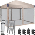 Aoodor 10x10 Ft Pop Up Canopy Tent with Netting, Water-Resistant 210D Oxford Fabric Shade, Easy Assembly Commercial Gazebo with Wheeled Carry Bag & 4 Sand Bags for Camping, Party, Khaki