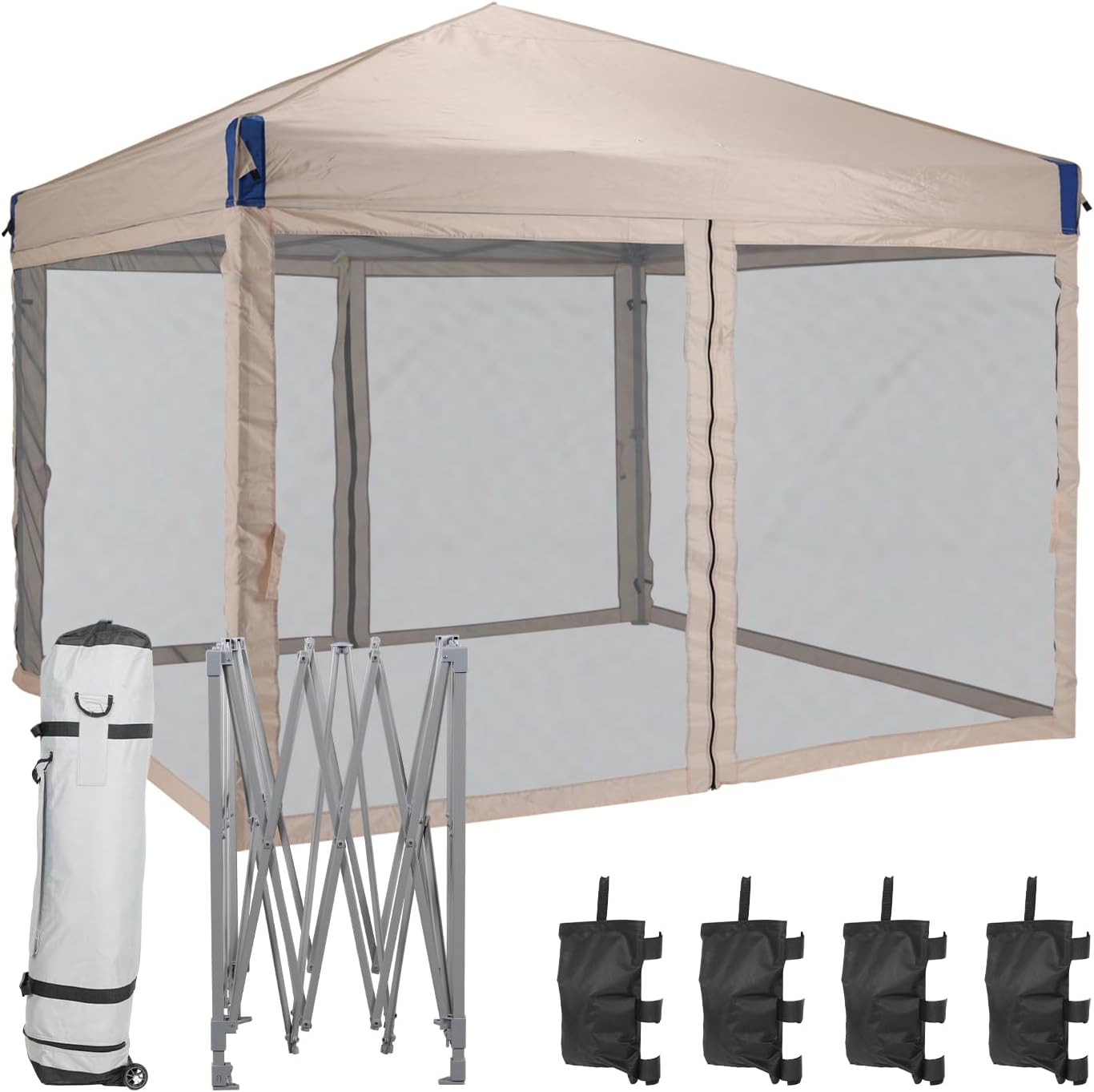 Aoodor 10x10 Ft Pop Up Canopy Tent with Netting, Water-Resistant 210D Oxford Fabric Shade, Easy Assembly Commercial Gazebo with Wheeled Carry Bag & 4 Sand Bags for Camping, Party, Khaki