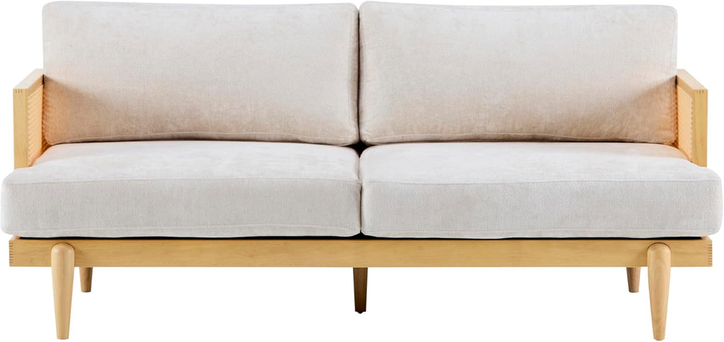 Merax 72' Spacious 2-Seater Sofa Couch with Armrests, Cane Rattan Wooden Frame Loveseat Sofa for Living Rooms, Bedrooms, Apartment, Office (Natural+Beige)