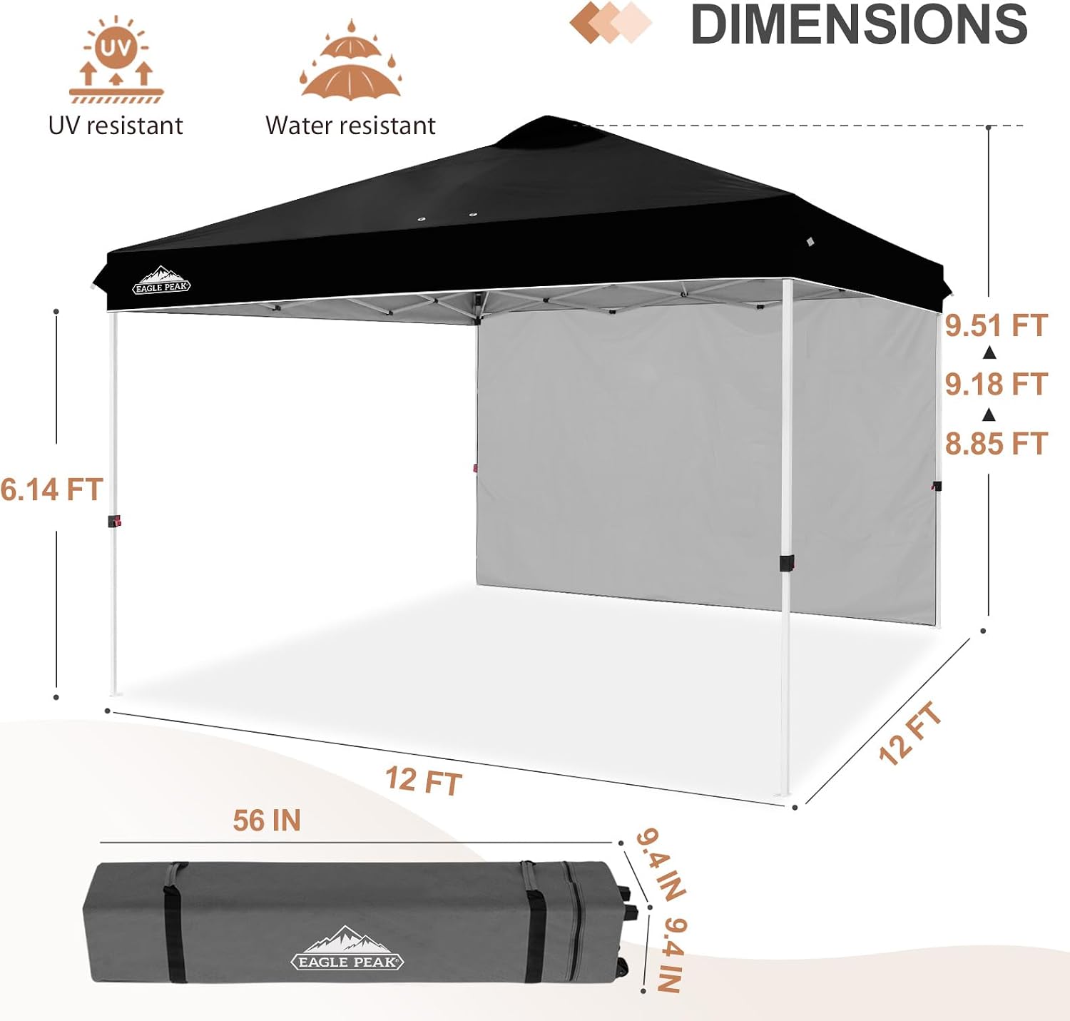 EAGLE PEAK Commercial Canopy 12x12 Pop Up Canopy Tent with 1 Sidewall, Easy Setup Heavy Duty Instant Event Shelter for Vendors & Markets, Outdoor Sun Shade, Black