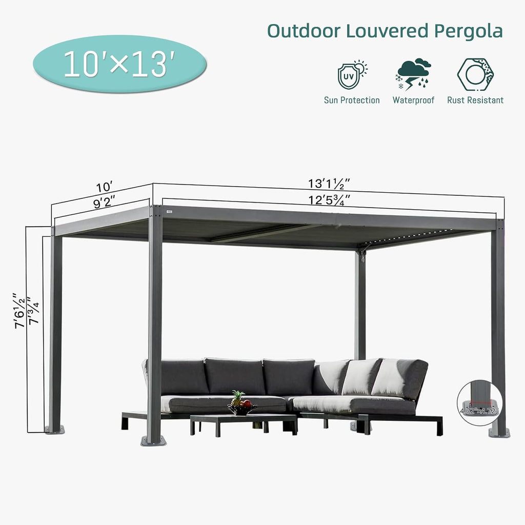 Domi 10x13FT Louvered Pergola Aluminum Structure Outdoor Pergola with Adjustable Roof Patio Pergola for Backyard Garden, Curtains and Netting, Dark Gray