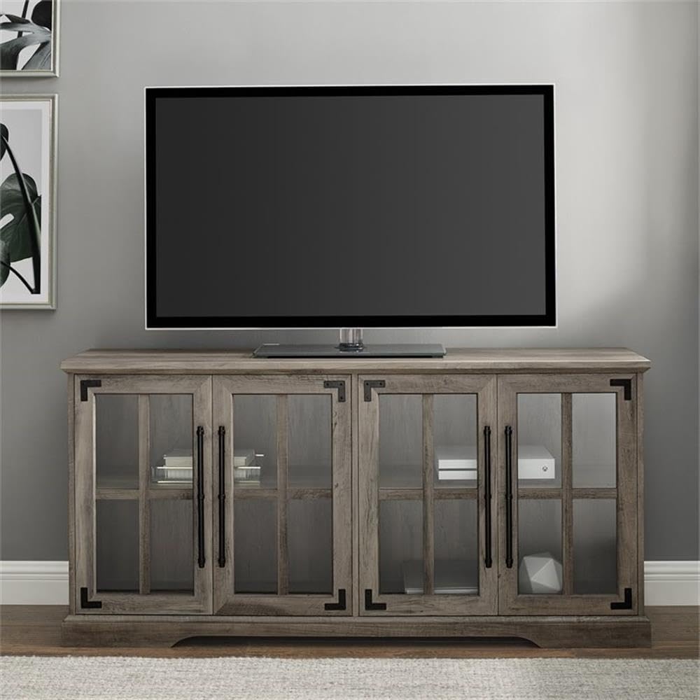 Pemberly Row Farmhouse 4 Door Wood TV Stand, Gray Wash Finish, Fits TVs up to 58', Adjustable Shelves, Cord Management, Tempered Glass Doors, Rustic Handles, Metal Accents, 28'H x 16'W x 58'D Media