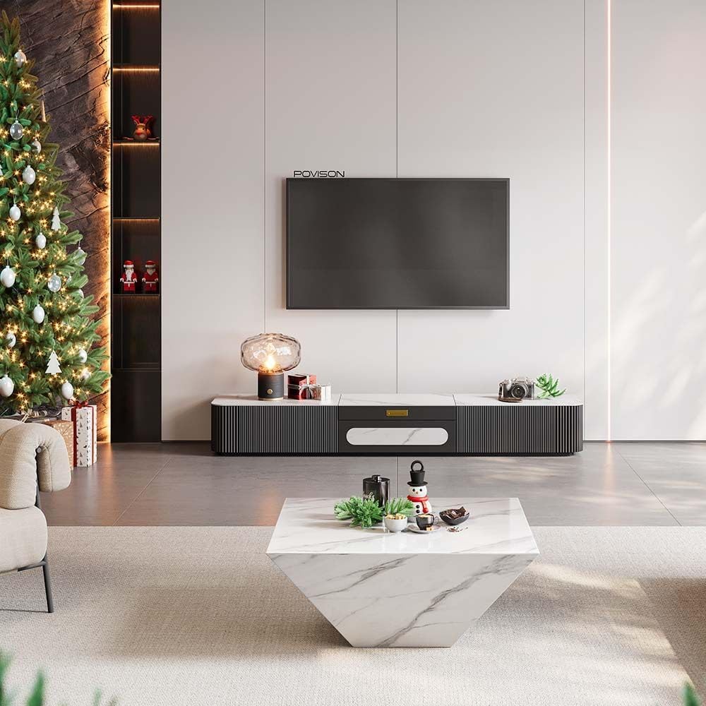 POVISON Fully-Assembled Modern TV Stand for Projector, Sintered Stone Entertainment Center with Storage for 75 inch TV, Wood TV Console, Media Console for Living Room Bedroom