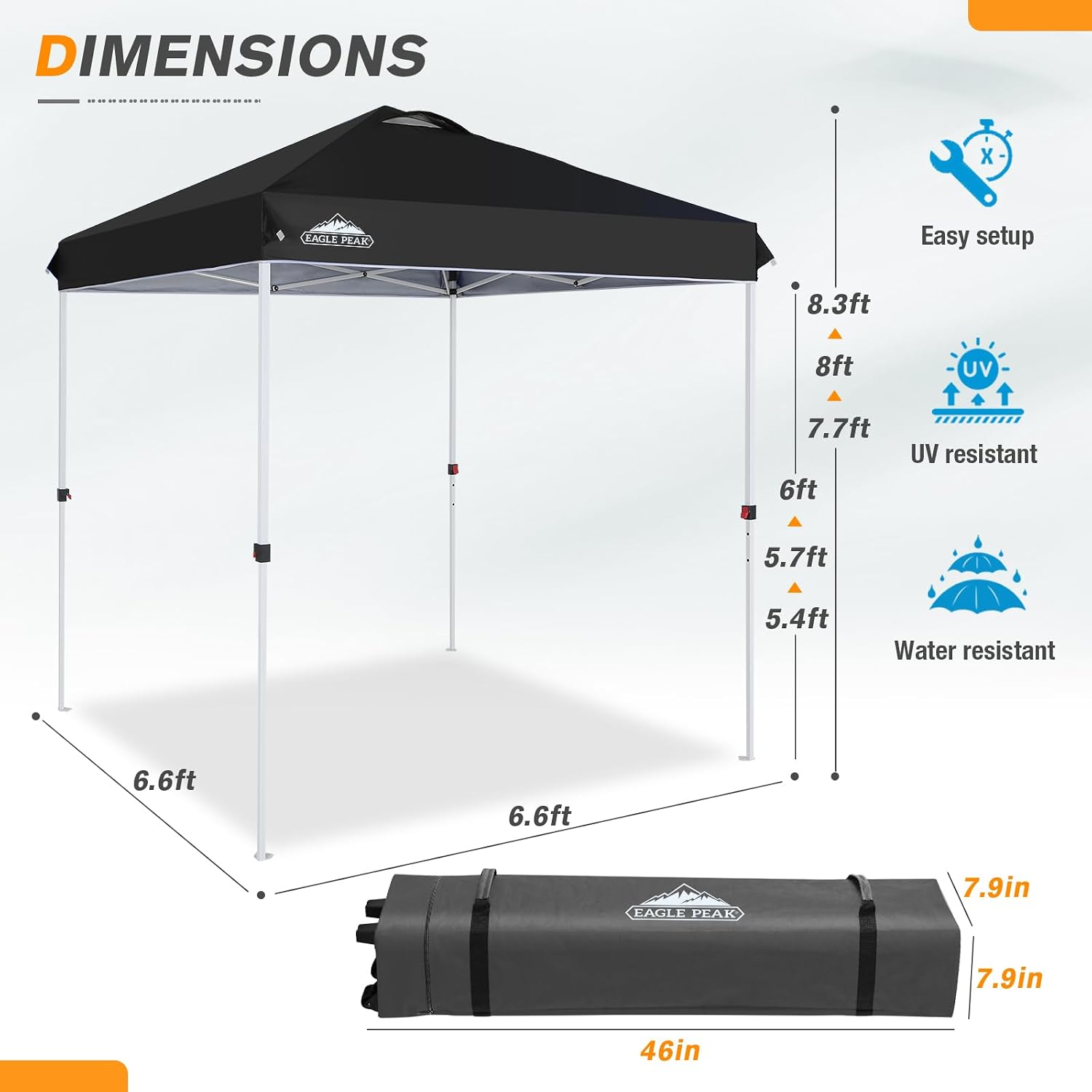 EAGLE PEAK Pop Up Canopy Tent with Wheeled Carry Bag, 8 Stakes, 4 Ropes, Easy Set Up Tent Canopy, 6.6x6.6 ft, Black