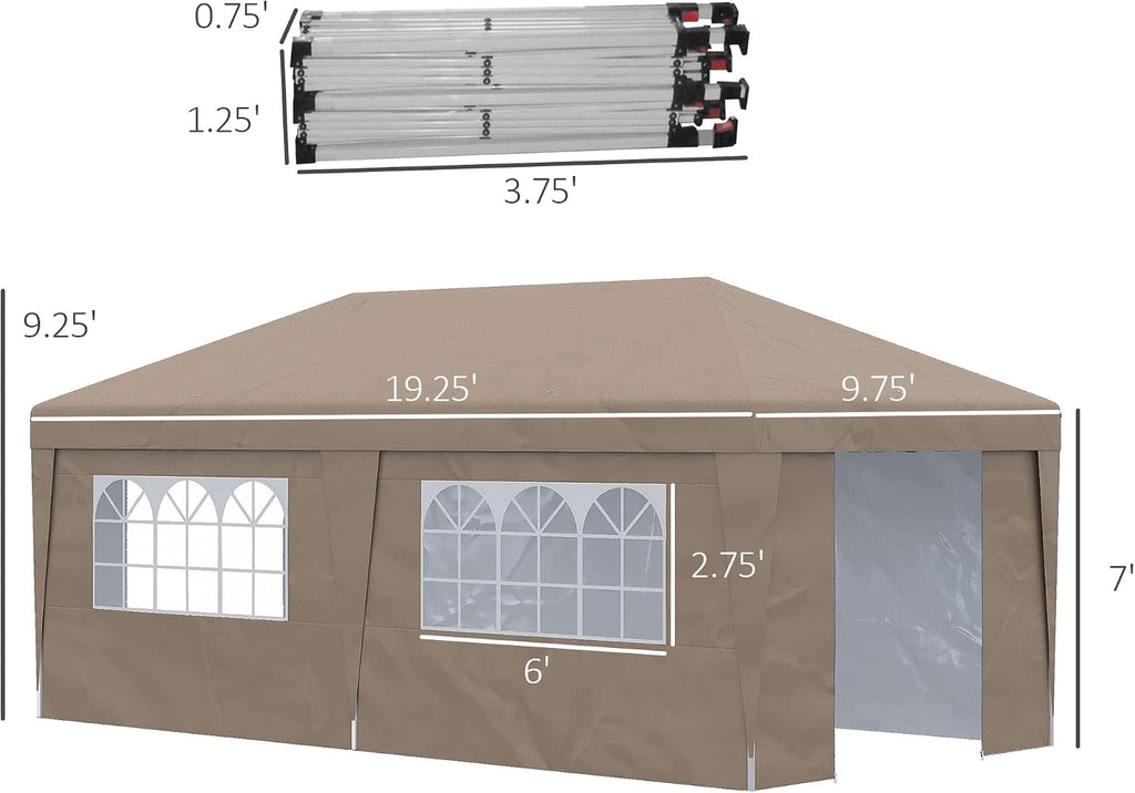 Outsunny 10' x 19.5' Pop Up Canopy with Sidewalls, UPF 30+ Height Adjustable Large Party Tent Event Shelter with Sandbags and Wheeled Carry Bag for Garden, Patio, Brown