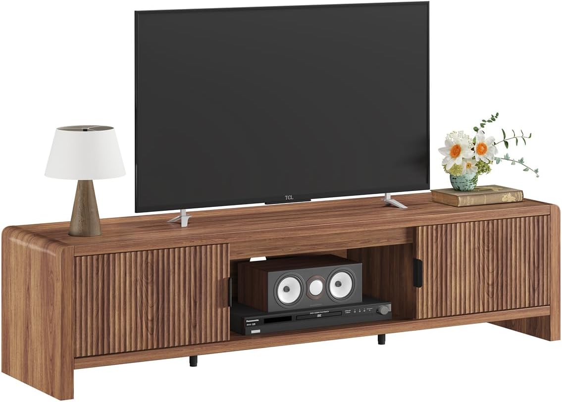 FATORRI TV Stand for 75/65/55 Inch TVs, Farmhouse Entertainment Center with Storage, Wood Waveform Fluted-Door Television Media Console for Living Room,Bedroom (63' W, Walnut)