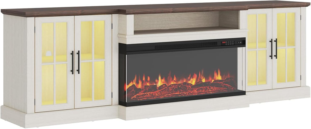 87' Farmhouse TV Stand with 36' Fireplace for TVs up to 90', Media Entertainment Center with Adjustable Shelves and Large Storage Cabinets, for Living Room, White & Black