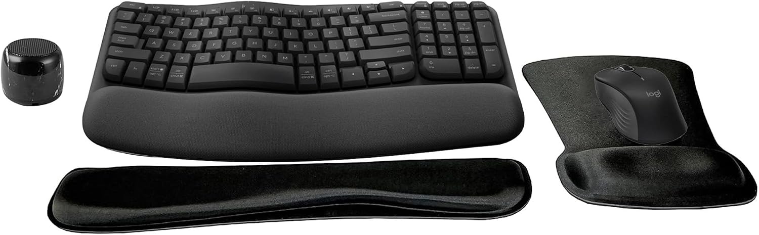 Logitech MK670 Comfort Wave Wireless Keyboard & Mouse Combo Home Office Active Lifestyle Modern Bundle with Special Edition Micro Portable Wireless Bluetooth Speaker, Gel Wrist Pad & Gel Mouse Pad