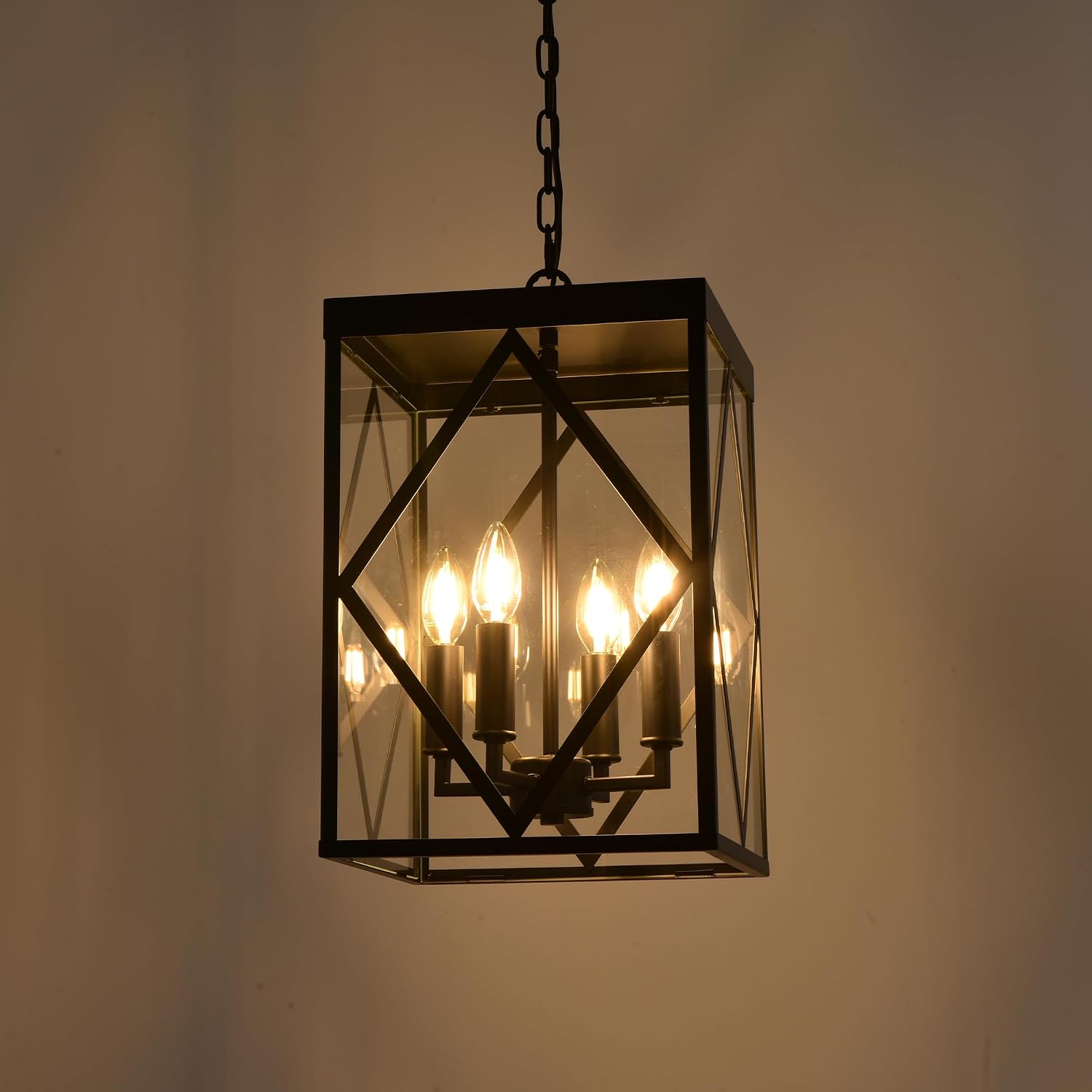 Outdoor Pendant Light 4 Lights Modern Outside Chandelier Outdoor Hanging Lantern Light with Clear Glass, Matte Black Exterior Pendant Lighting Fixture for Porch, Yard, Gazebo