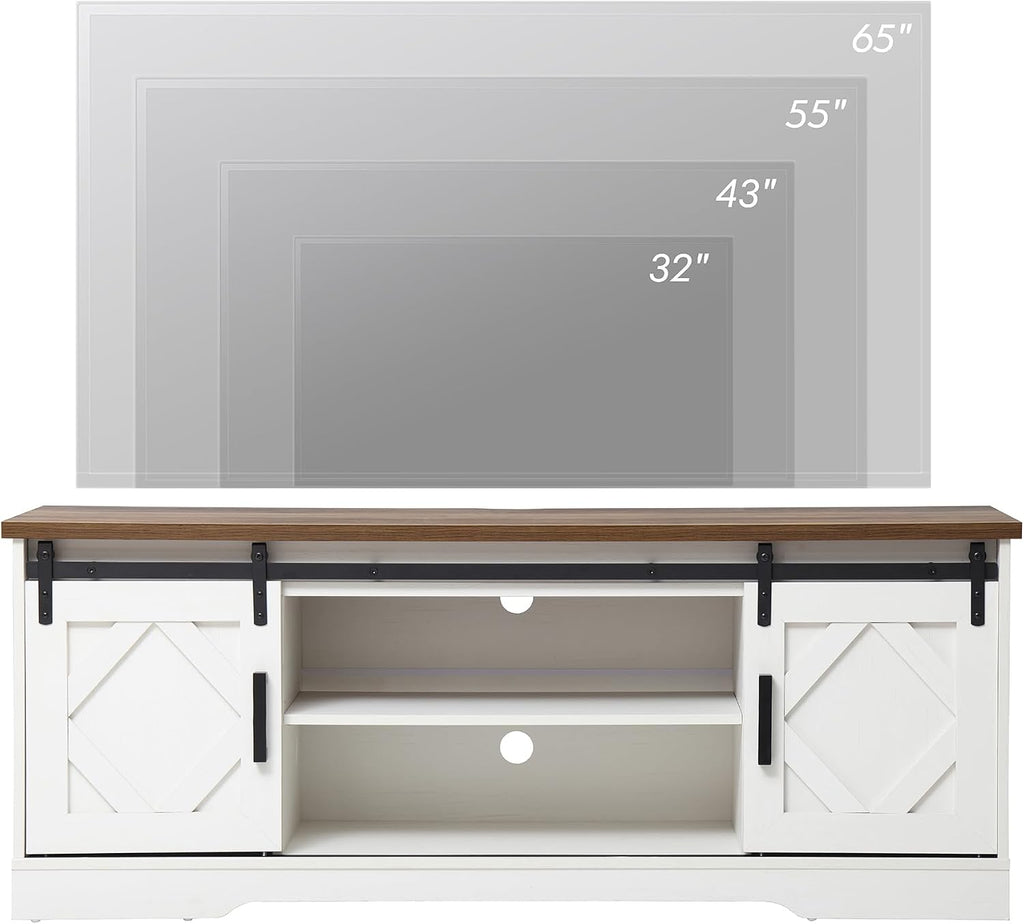 WAMPAT Modern Farmhouse TV Stand for TVs up to 65' with Sliding Barn Doors, 23.6' H Wood Entertainment Center with Adjustable Media Storage Shelf for Living Room, Antique White