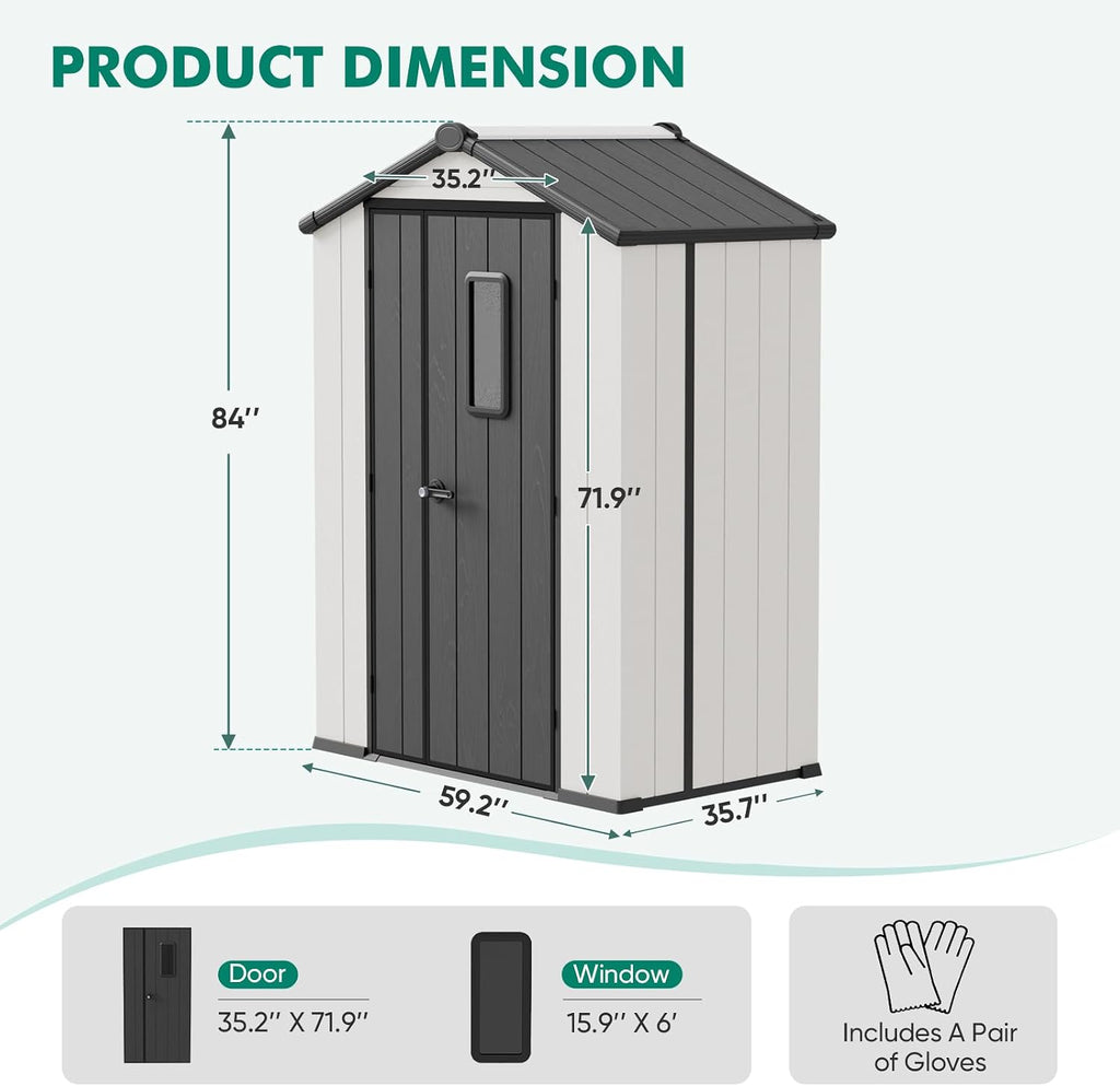 5x3 Outdoor Storage Shed with Floor, Heavy Duty Resin Tool Shed, Weather Resistant Garden Storage Building with Window, White/Gray