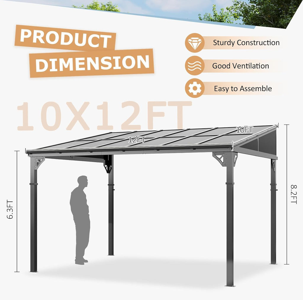 10x12FT Wall-Mounted Gazebo with Sloped Polycarbonate Roof, Heavy Duty Pergola for Patio, Backyard, or Deck, Modern Outdoor Shade Solution