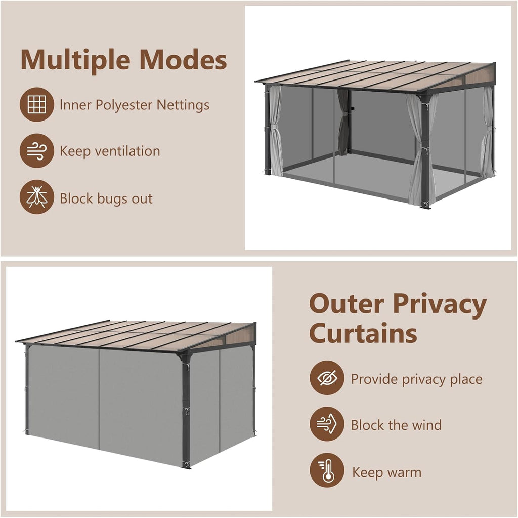 10'x13' Gazebo, Wall Mounted Gazebo Pergola with Aluminum Frame, Curtains and Netting for Patio,Decks, Garden and Lawn