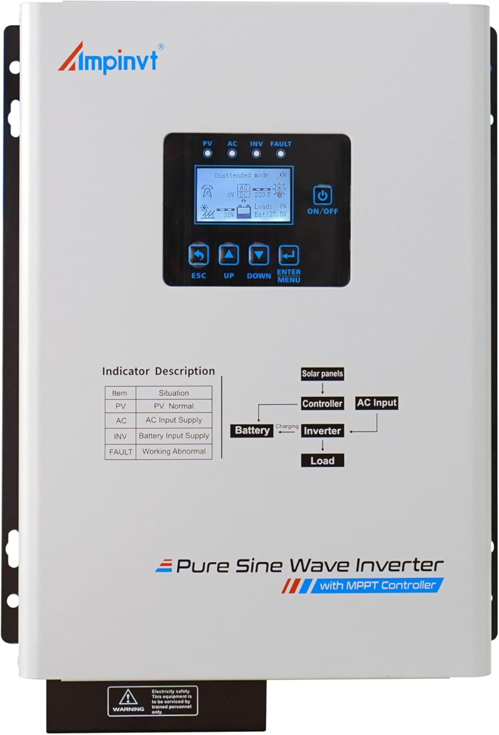 Ampinvt 1000W Low Frequency Pure sine Wave Solar Inverter, 12V DC to 120V AC with 30A MPPT Solar Controller & 15A Battery AC Charger, Compatible with Lifepo4 Battery for Home Backup,Off-Grid Living