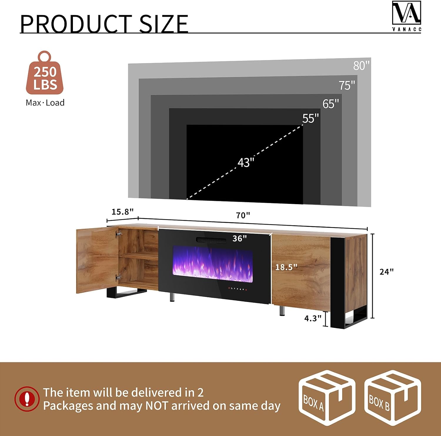 VanAcc 70' Fireplace TV Stand with 36' Electric Fireplace, High Gloss Entertainment Center with LED Lights, Modern Entertainment Stand for TVs up to 80', Rustic Oak&Black