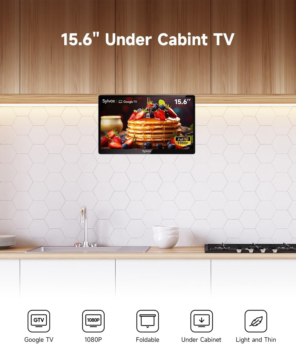 SYLVOX 15.6' Kitchen TV, 1080P FHD Under Cabinet TV with App Store, Voice Assistant, Chromecast, 12-Volt for Small Spaces, Kitchen, Bedroom, RV - Fits Tight Cabinets