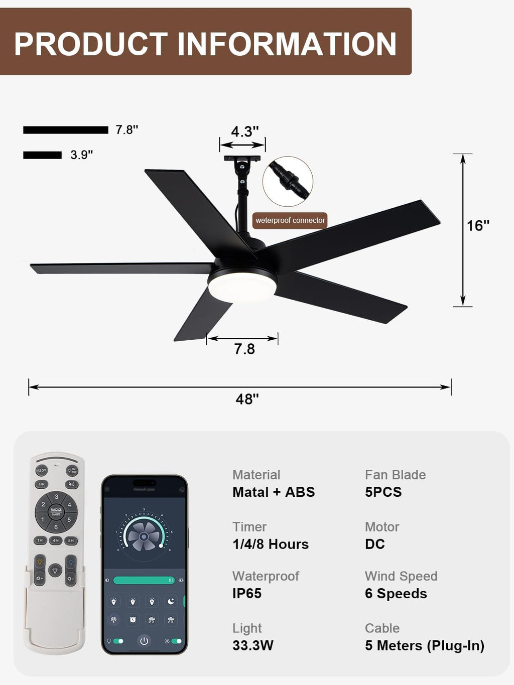 Bella Depot 48' Outdoor Ceiling Fan Black Waterproof Gazebo Fan with Light Smart App Remote Control Hanging Fan for Outside Patios Pergola Tent Plug-in Design Adjustable Brightness (48'- Black)