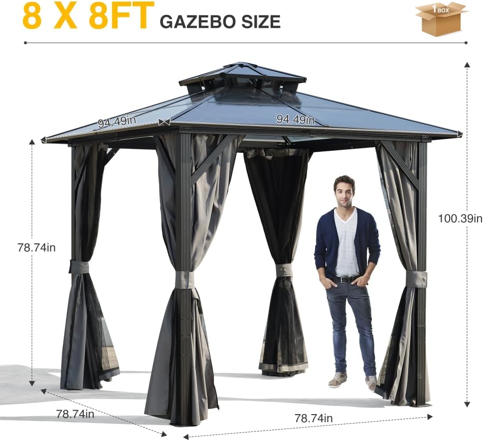 Outdoor Grill Gazebo 8x8FT, Hardtop BBQ Shelter with UV-Resistant Polycarbonate Roof & Storage Hooks for Patio, Lawn, and Garden