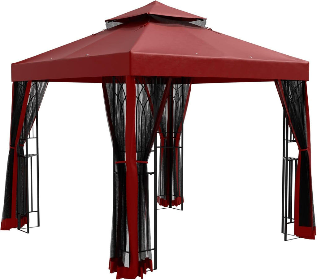 EAGLE PEAK 8x8 Patio Gazebo with Mesh Netting, Double Roof Outdoor Pavilion with Corner Shelves for Lawn, Deck, Garden and Backyard, Red