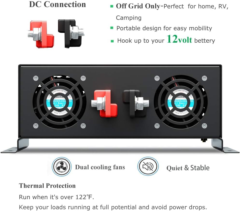 WZRELB 3000W 12VDC 120VAC Pure Sine Wave Power Inverter with 2 AC Outlets Wired Remote Control Car Inverter (RBP-300012WR)