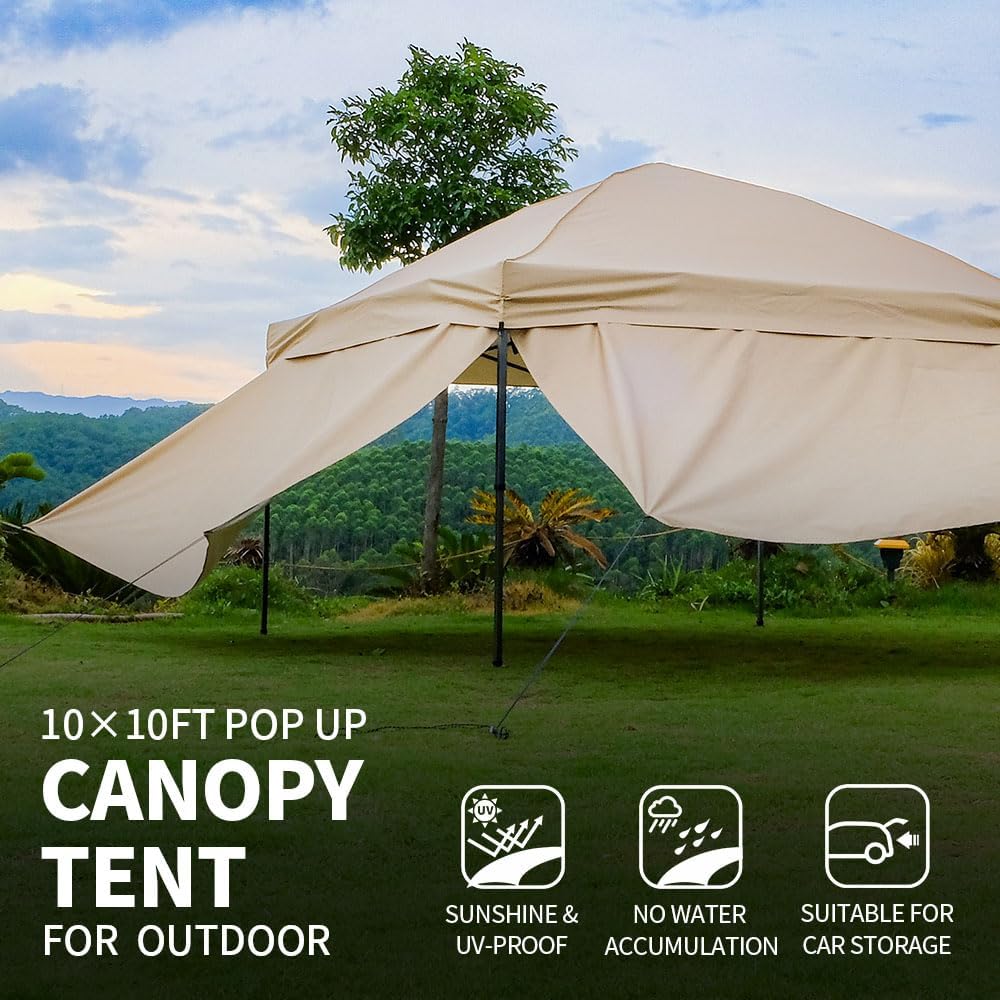 10x10 Pop Up Canopy Tent with 2 Sidewalls, Easy Up Canopy Outdoor Party Sun Shade Tent Portable Gazebo for Beach Camping Events with Carry Bag and 4 Sand Bags