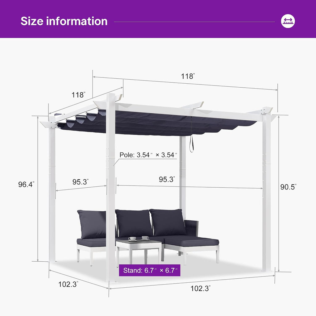 PURPLE LEAF 10' x 10' Outdoor Aluminum Pergola White Heavy-Duty Retractable Patio Metal Pergola with Double Sun Shade Canopy for Backyard Gardens Deck, Navy Blue